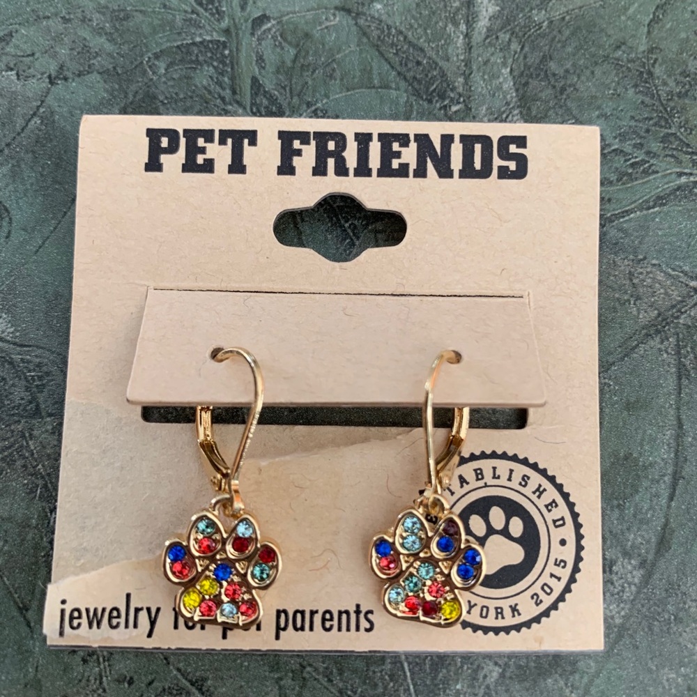 Pet Friends colorful paw earrings. New